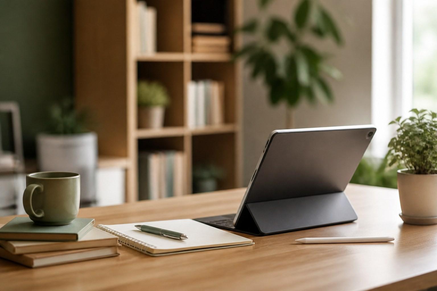Onlinelehrgang Jugendaufsicht: Tablet, Unterlagen und Arbeitsplatz ohne Abbildung Minderjähriger