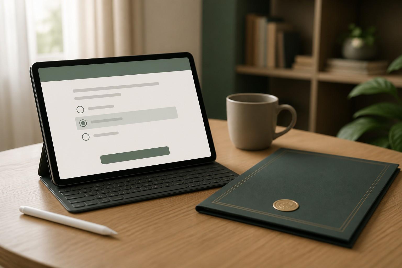 Onlinelehrgang Standaufsicht: Tablet mit Kursformular und Zertifikatsmappe auf dem Schreibtisch